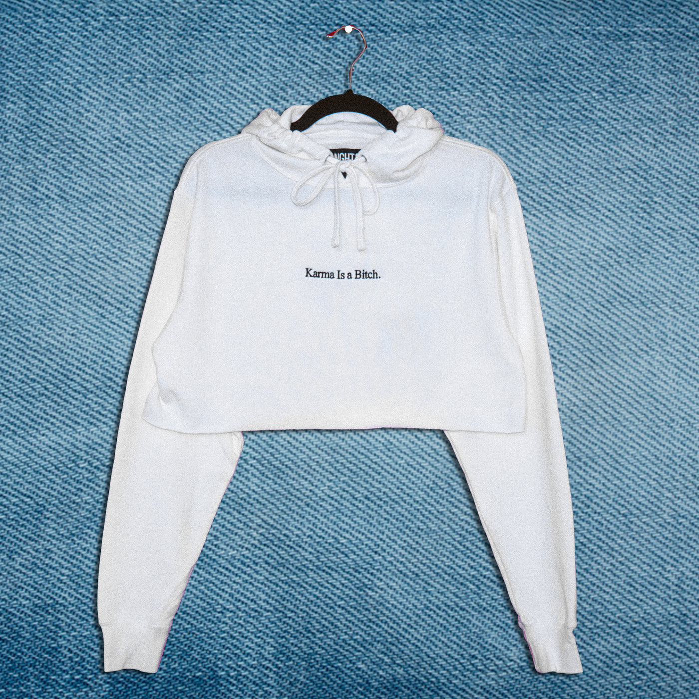 KARMA IS A B*TCH CROP HOODIE (WHITE/BLACK)